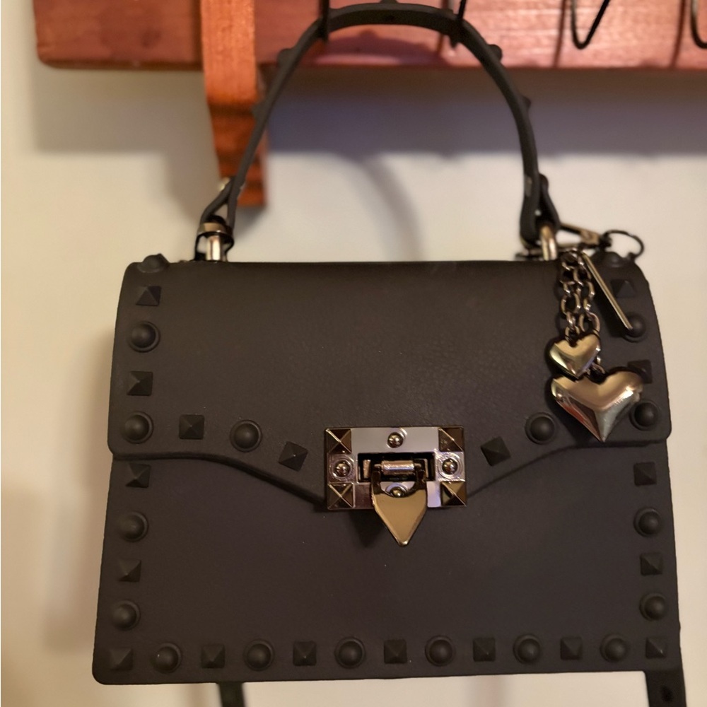 Black Studded Mini Top-Handle Bag with Heart Charm